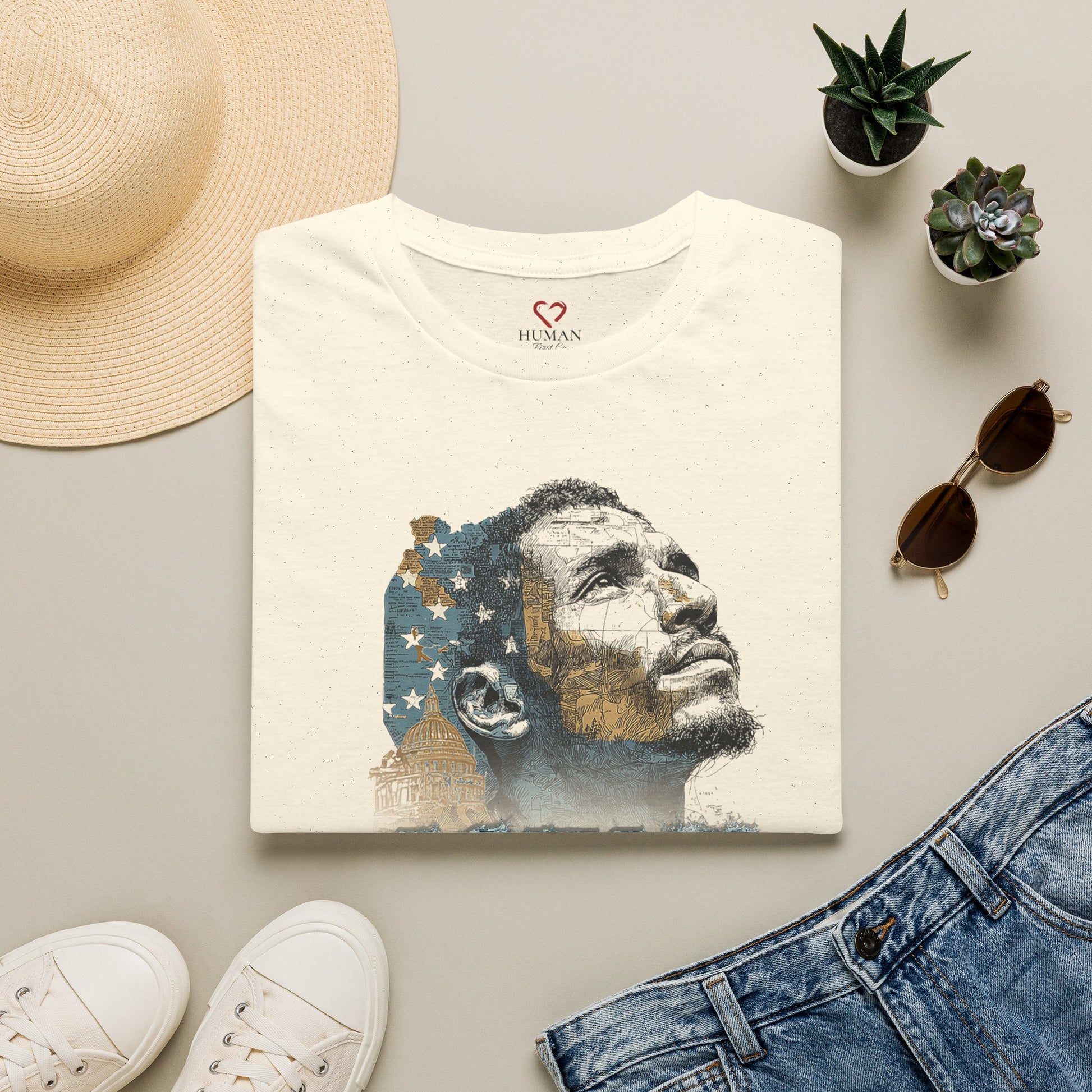 Folded humanitarian t-shirt featuring the Immigrants Belong! design in an editorial presentation.