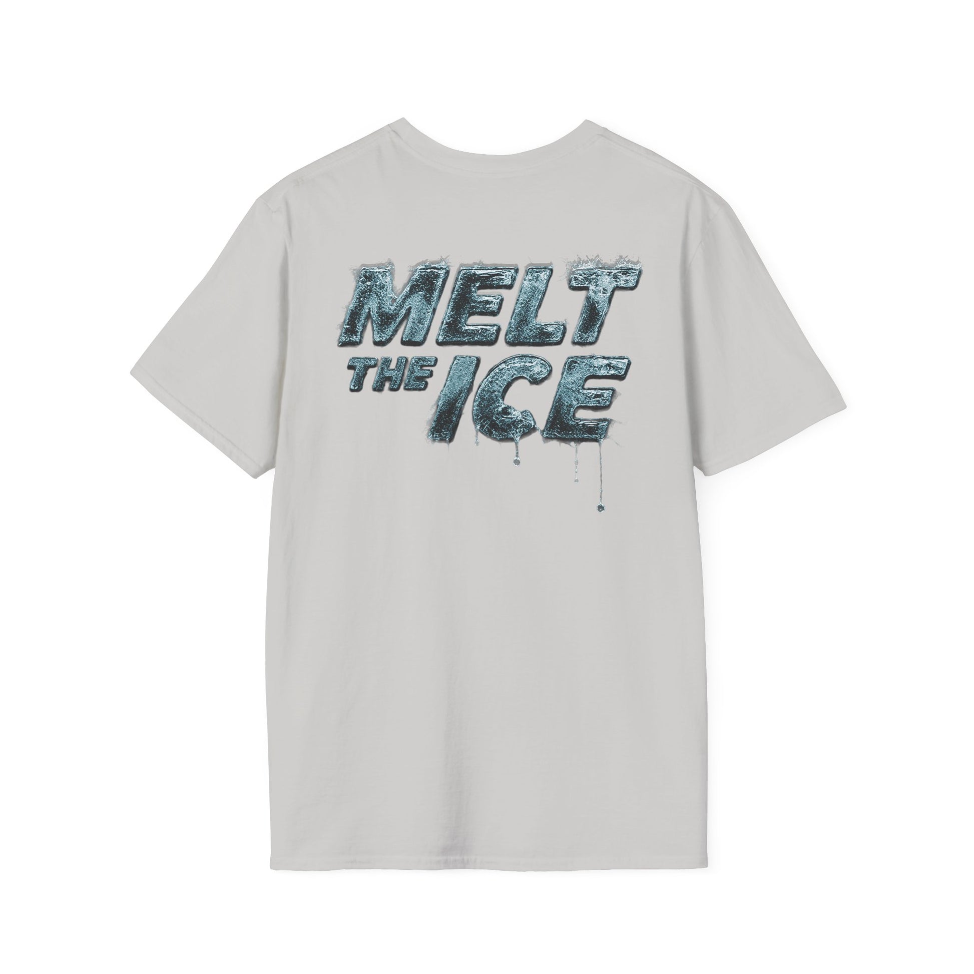 Back view of humanitarian t-shirt featuring the Melt the Ice collection logo, showcasing garment fit and 