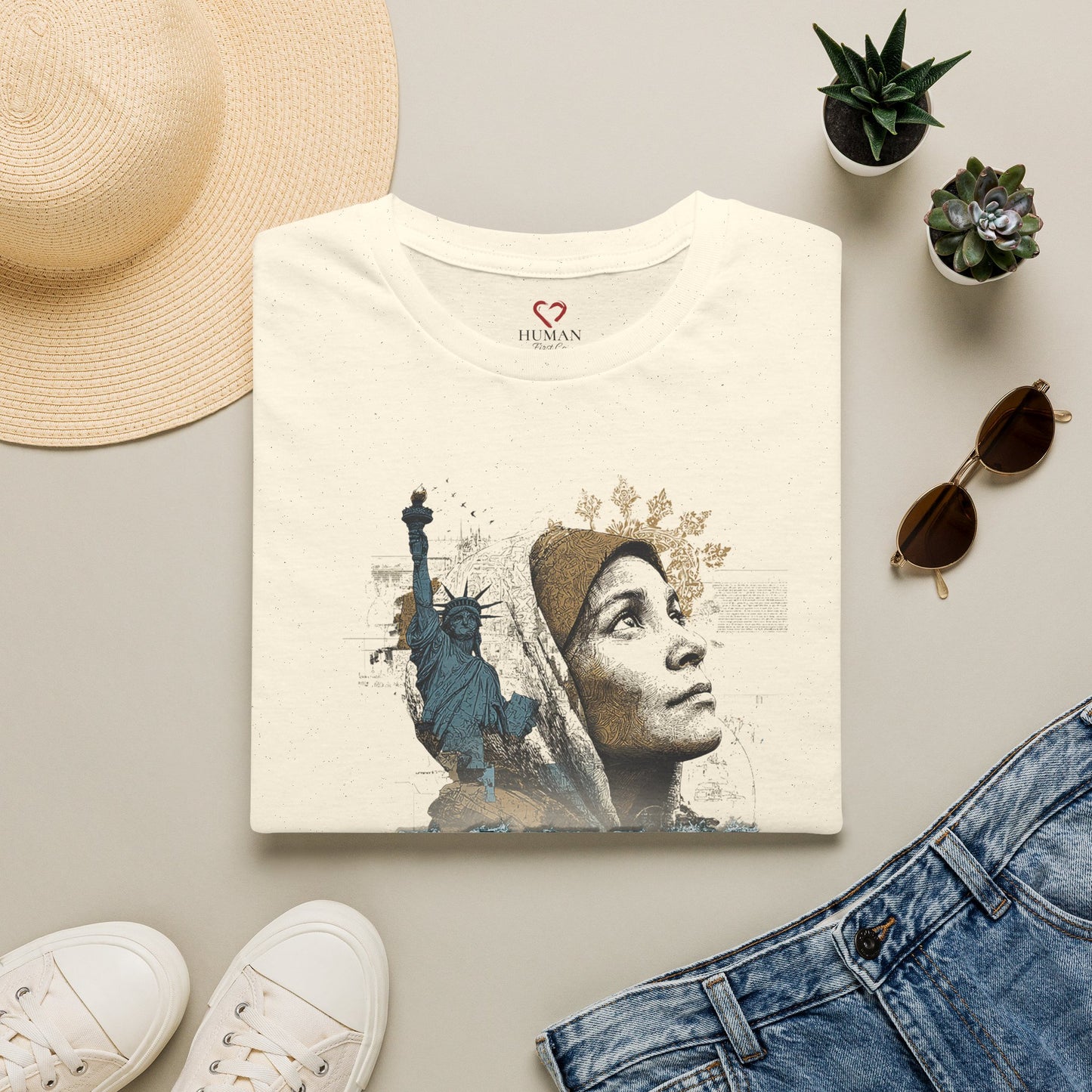 Folded humanitarian t-shirt featuring the Immigrants Deserve Caring design in an editorial presentation.
