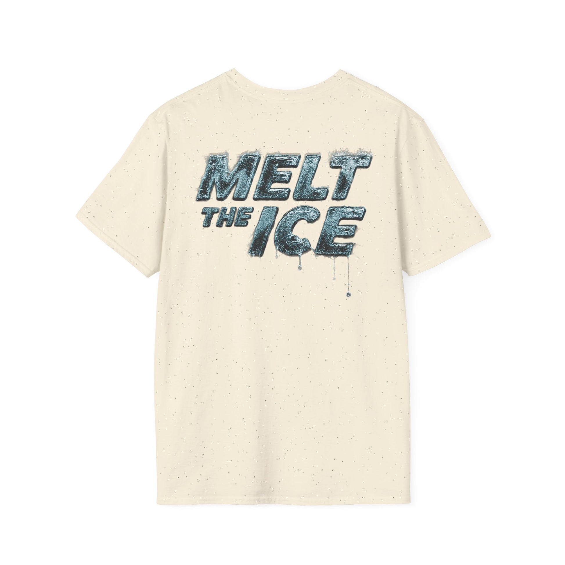Back view of humanitarian t-shirt featuring the Melt the Ice collection logo, showcasing garment fit and 
