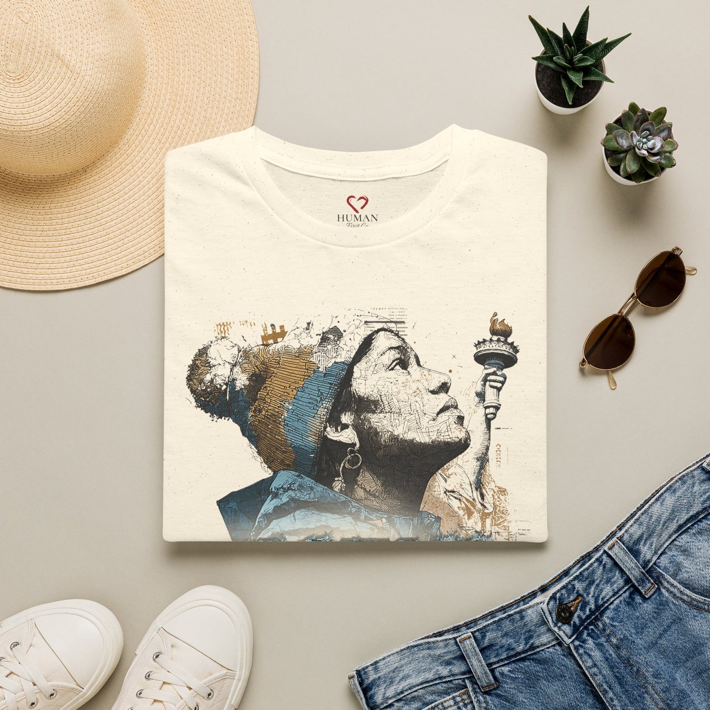 Folded humanitarian t-shirt featuring the Immigrants Need Hope design in an editorial presentation.