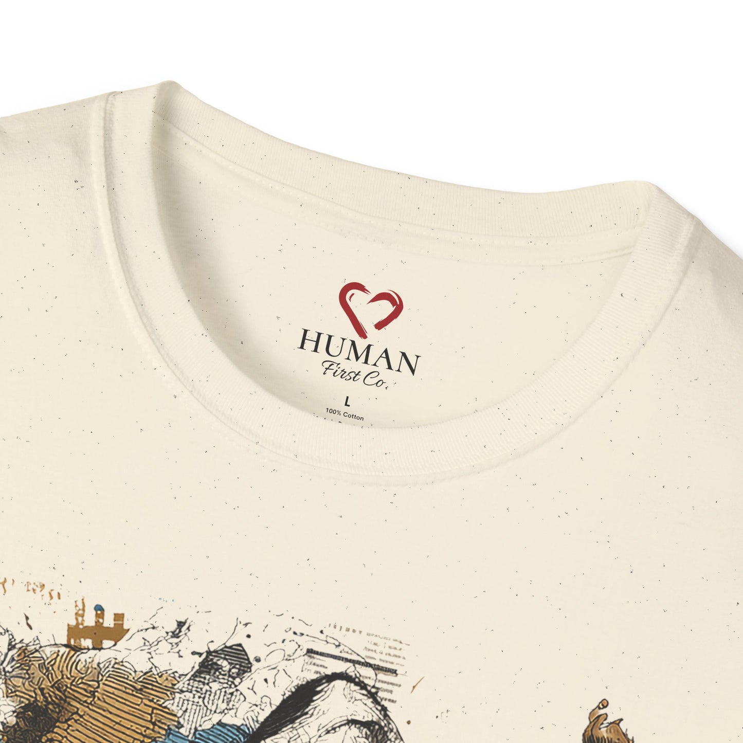 Close-up collar view of Human First Co. humanitarian t-shirt showing branded neck label and garment details.