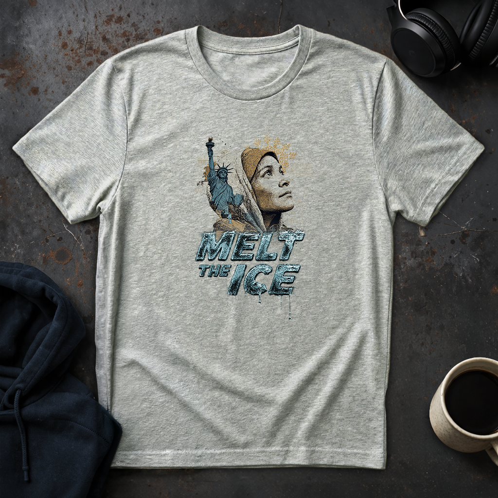 Ice grey humanitarian t-shirt featuring a symbolic immigrant portrait and the message "Immigrants Deserve Caring" expressing compassion, care, and human connection.