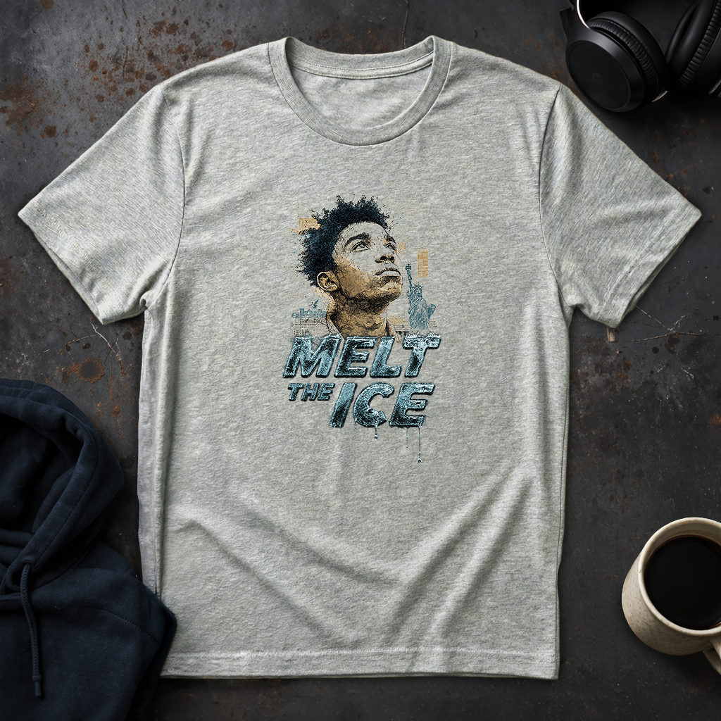 Ice grey humanitarian t-shirt featuring a symbolic immigrant portrait and the message "Immigrants Must Endure" expressing perseverance, strength, and resilience.