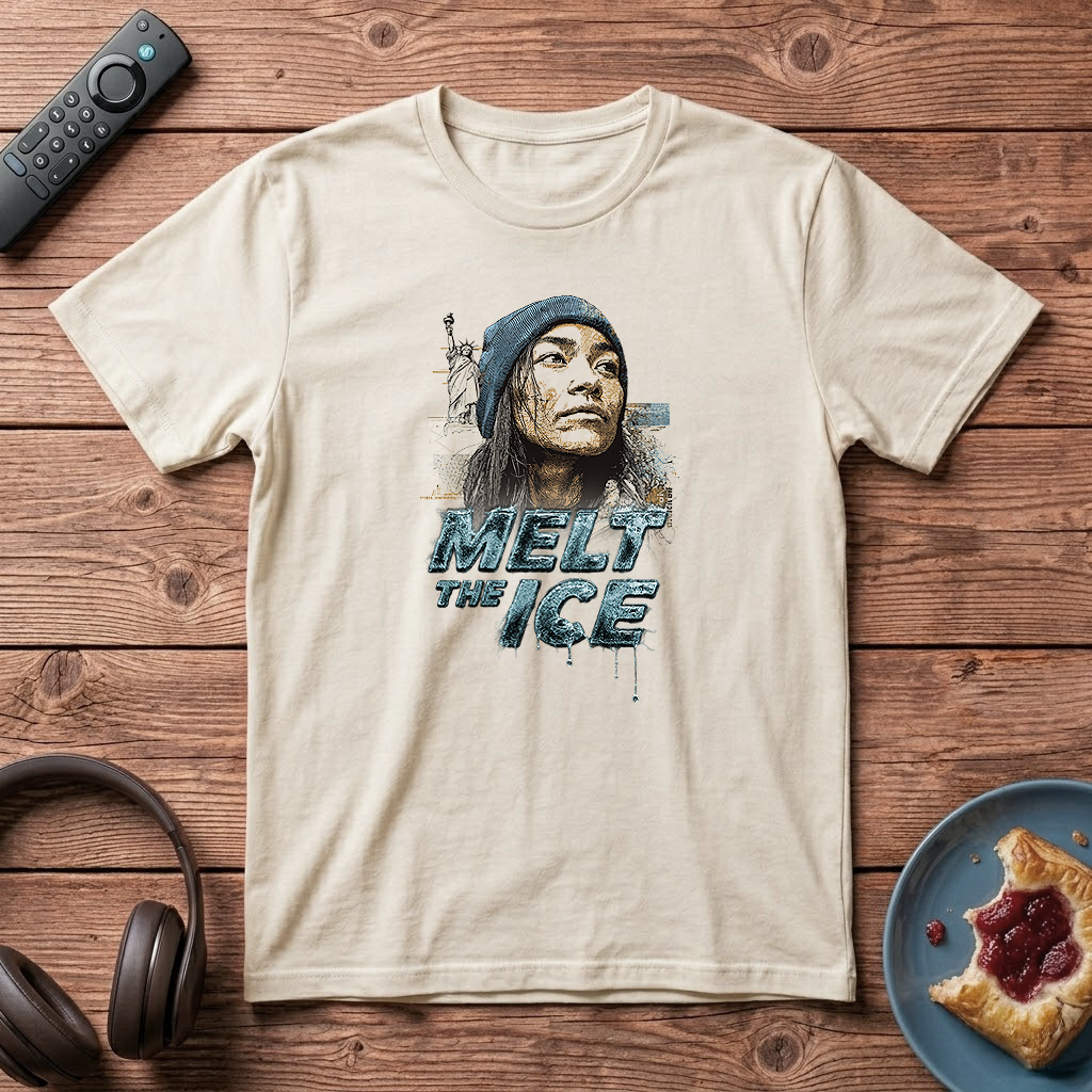 Natural humanitarian t-shirt featuring a symbolic immigrant portrait and the message "Immigrants Need Resilience" expressing resilience, perseverance, and enduring strength.