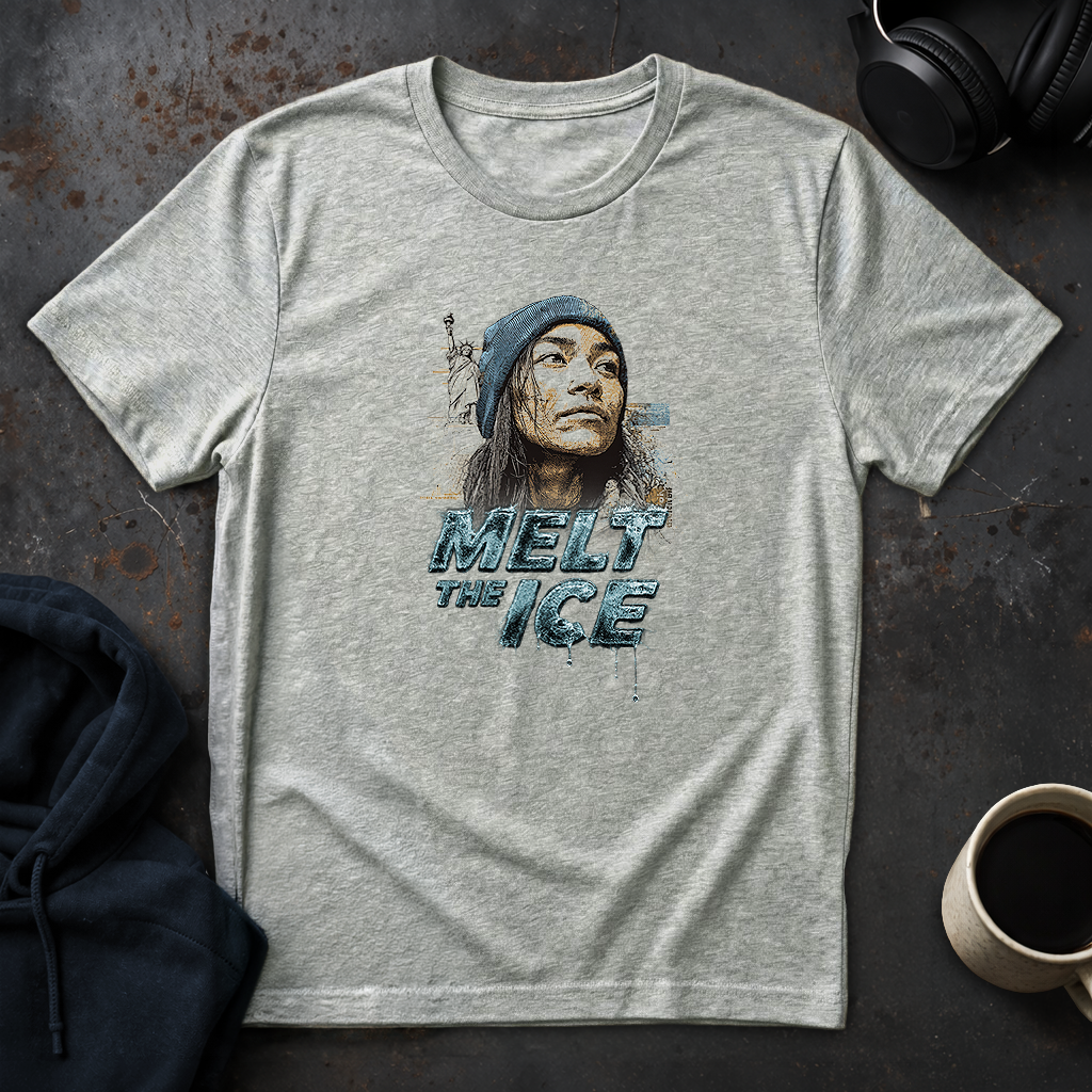 Ice grey humanitarian t-shirt featuring a symbolic immigrant portrait and the message "Immigrants Need Resilience" expressing resilience, perseverance, and enduring strength.