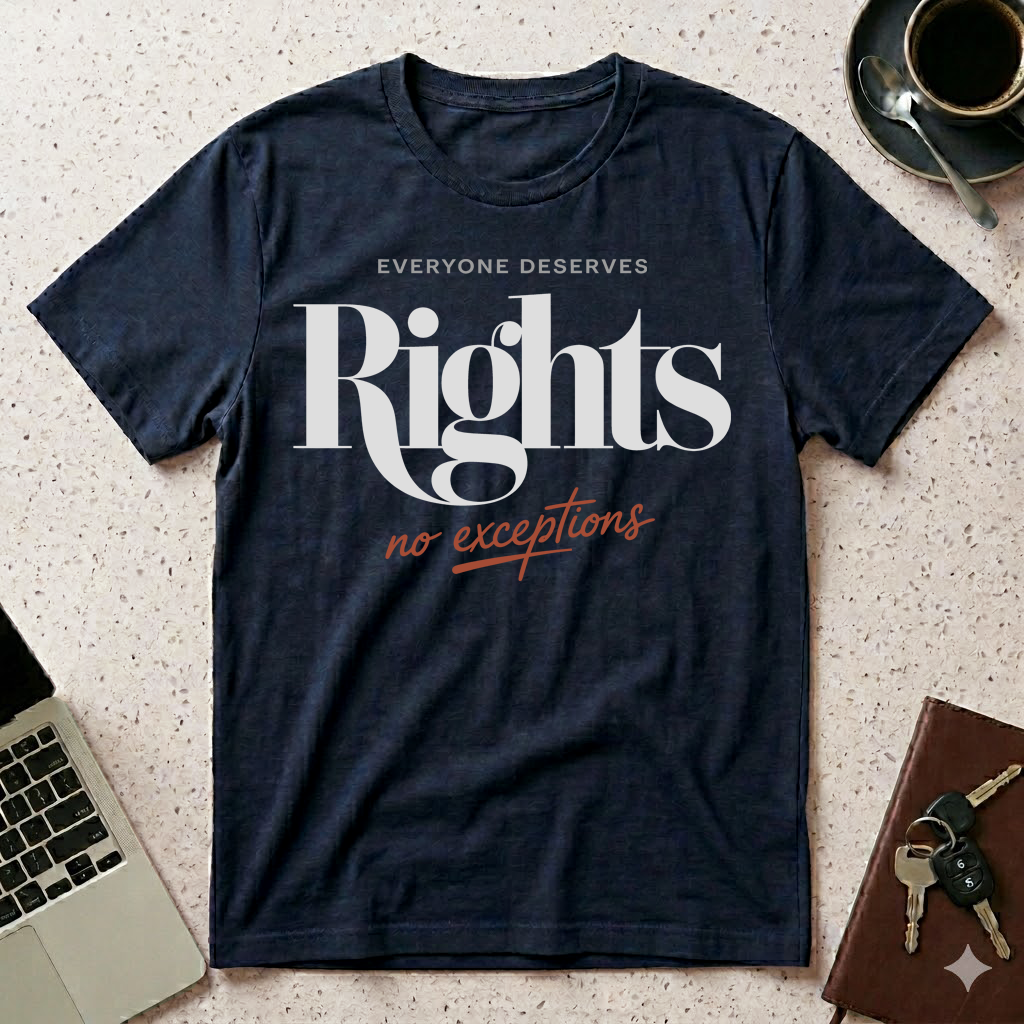 Navy humanitarian t-shirt featuring the message "Everyone Deserves Rights" in minimalist editorial typography, expressing dignity, equality, and inclusion.