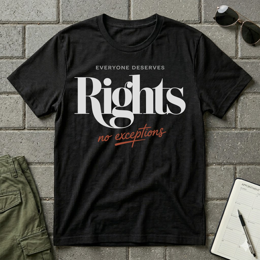 Black humanitarian t-shirt featuring the message "Everyone Deserves Rights" in minimalist editorial typography, expressing dignity, equality, and inclusion.