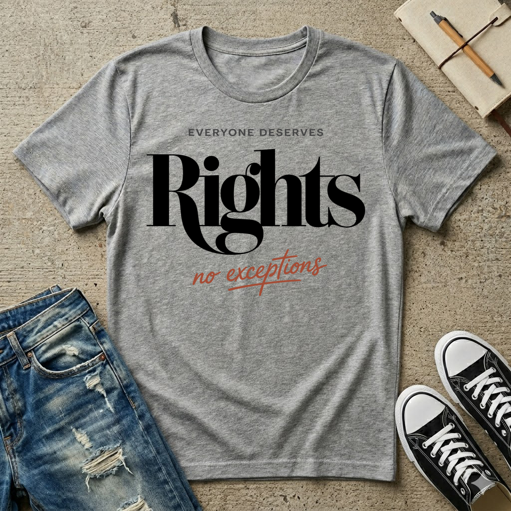 Sport grey humanitarian t-shirt featuring the message "Everyone Deserves Rights" in minimalist editorial typography, expressing dignity, equality, and inclusion.