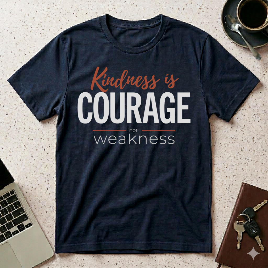 Navy humanitarian t-shirt featuring the message "Kindness Is Courage" in minimalist editorial typography, celebrating courage, empathy, and compassion.