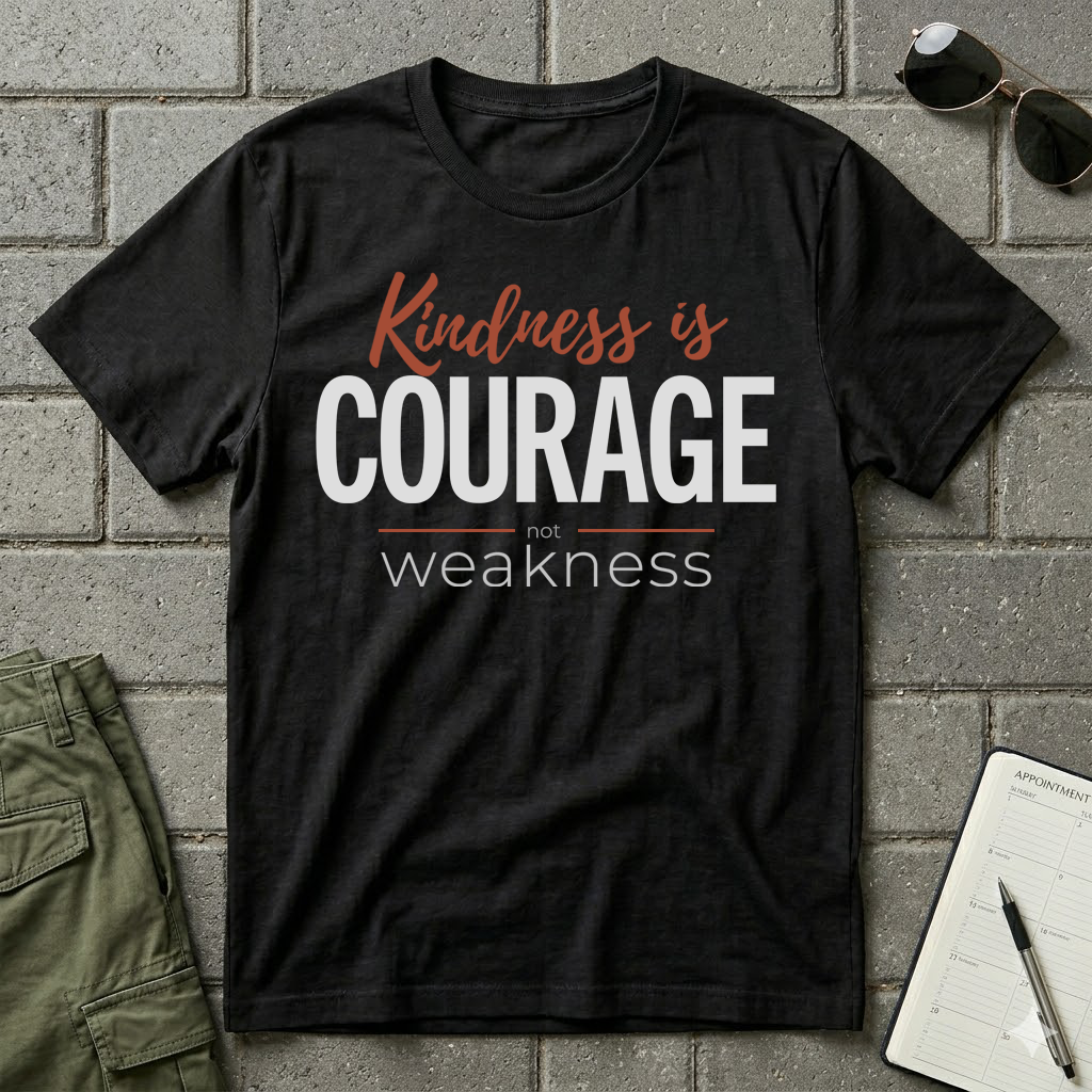 Black humanitarian t-shirt featuring the message "Kindness Is Courage" in minimalist editorial typography, celebrating courage, empathy, and compassion.
