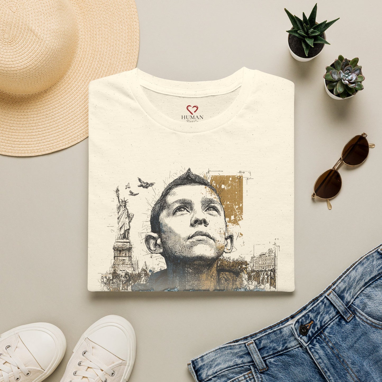 Folded humanitarian t-shirt featuring the Immigrants Are Courageous design in an editorial presentation.