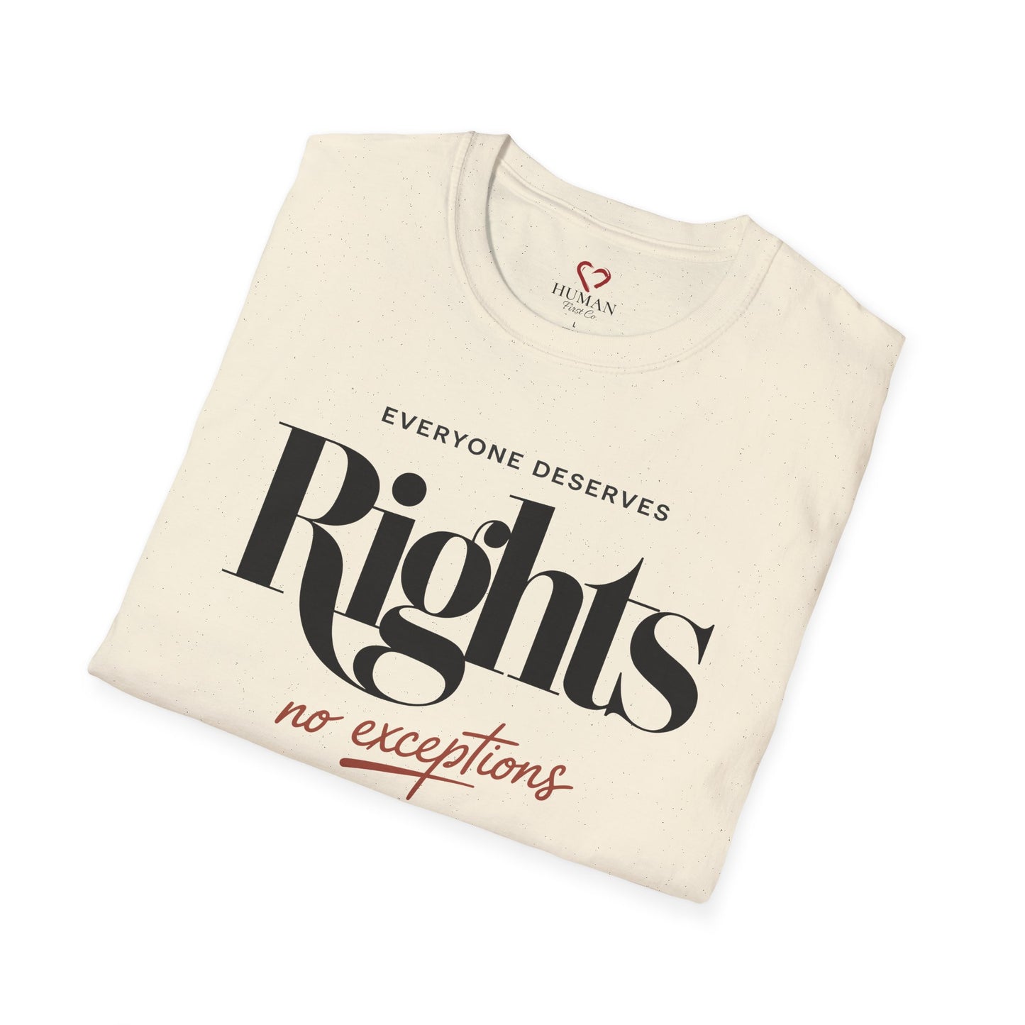 Folded humanitarian t-shirt featuring the Everyone Deserves Rights design in a minimalist editorial presentation.
