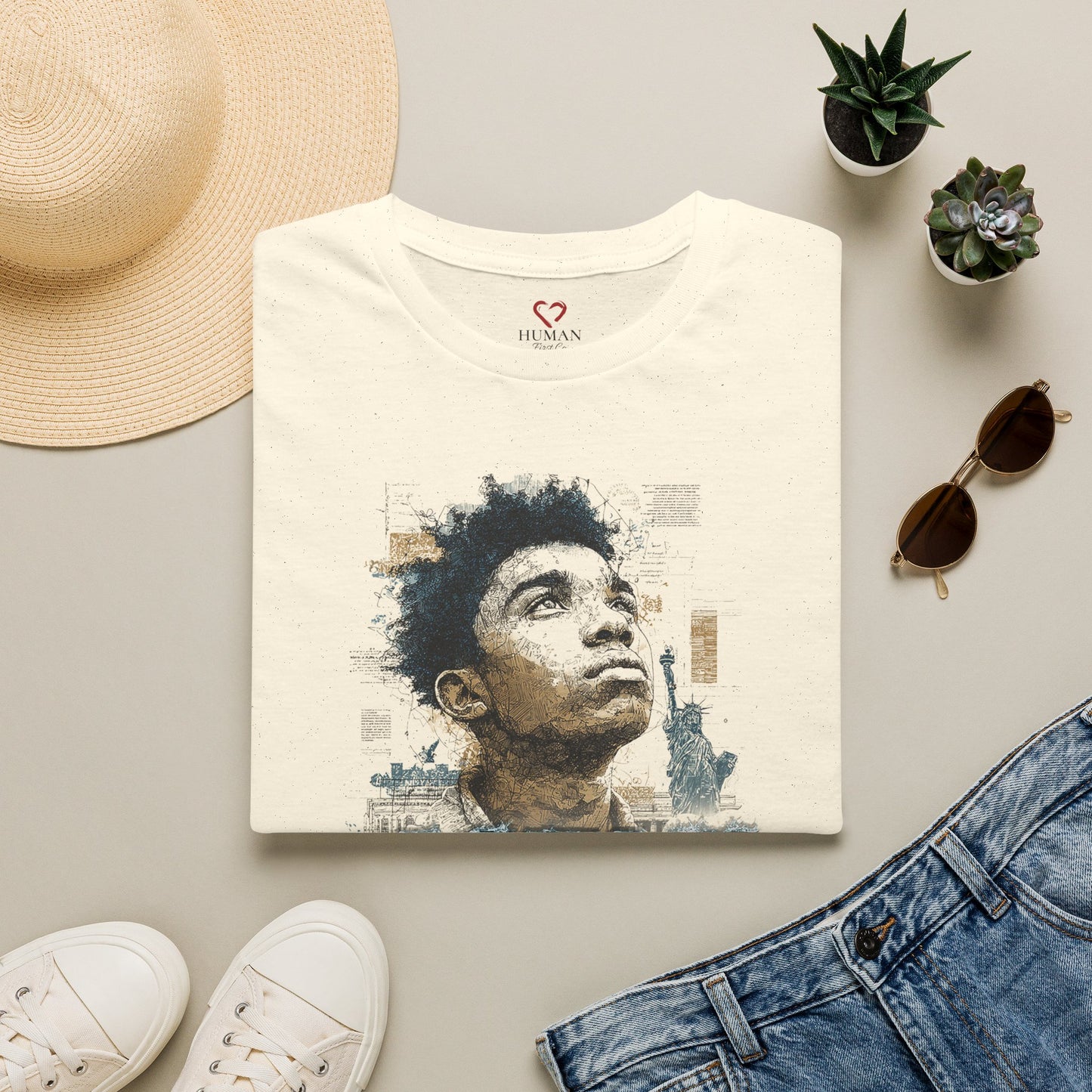 Folded humanitarian t-shirt featuring the Immigrants Must Endure design in an editorial presentation.