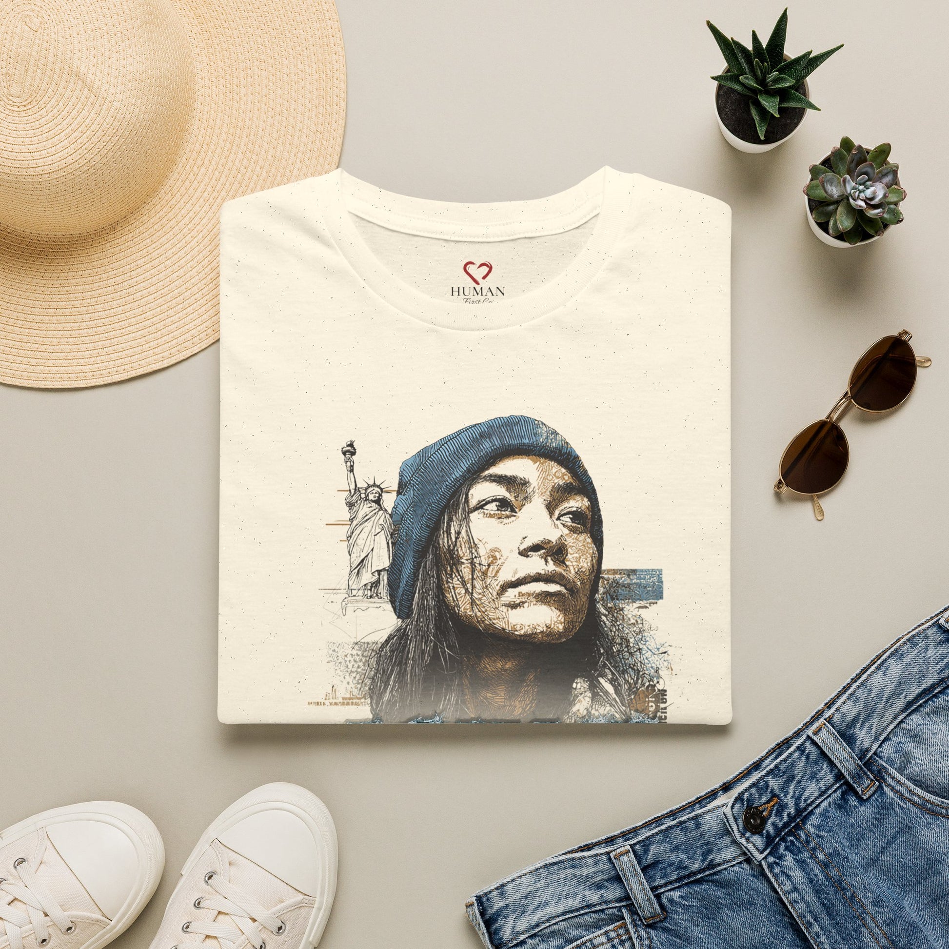 Folded humanitarian t-shirt featuring the Immigrants Need Resilience design in an editorial presentation.