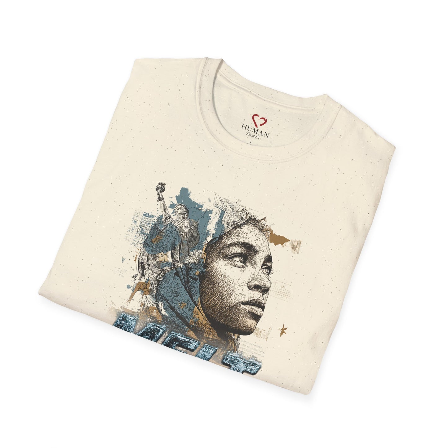Folded humanitarian t-shirt featuring the Immigrants Deserve Dignity design in an editorial presentation.